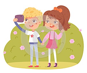 Kids making selfie on phone. Little boy and girl taking photo on smartphone in park. Children with mobile devices vector