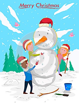 Kids making Snowman with Santa cap for Merry Christmas celebration