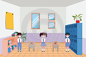 Kids with masks in classroom vector design