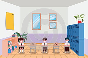 Kids with masks in classroom vector design