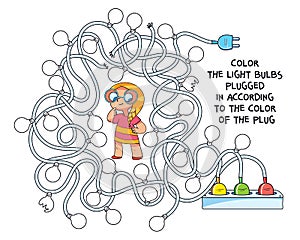 Kids maze puzzle. Color the light bulbs plugged in according to the color of the plug