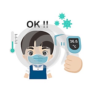 Kids measuring body temperature and wearing a face mask vector illustration