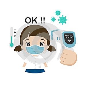 Kids measuring body temperature and wearing a face mask vector illustration