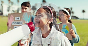 Kids, megaphone and protest outdoor for speech, climate change or group with poster for clean environment. Children