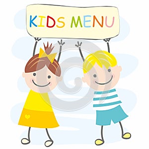 Kids menu banner, girl and boy holding text, eps.