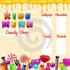 Kids Menu Candy, sweet different bonbon, lollipops,chocolate, jelly. Template menu for caffe, cafeteris, vector