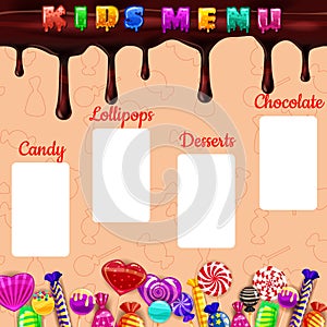 Kids Menu Candy, sweet different bonbon, lollipops,chocolate, jelly. Template menu for caffe, cafeteris, vector