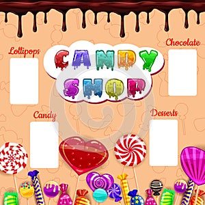 Kids Menu Candy, sweet different bonbon, lollipops,chocolate, jelly. Template menu for caffe, cafeteris, vector