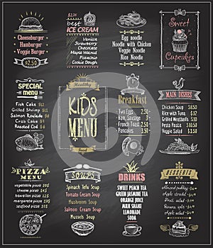 Kids menu chalkboard designs set. photo