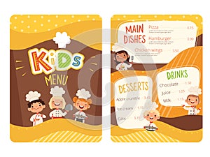 Kids menu. Childrens cooking food little chef restaurant eating menu for little happy peoples vector cartoon template