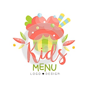 Kids menu logo design, healthy organic food colorful creative template vector Illustration