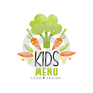 Kids menu logo design, healthy organic food colorful creative template with vegetables vector Illustration