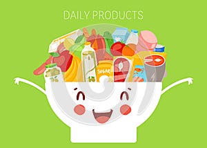 Kids daily menu products in cute bowl, meal for every day healthy food for child cartoon vector illustration.