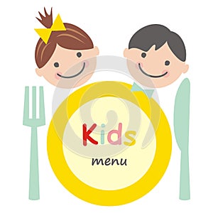 Kids menu, smiling faces, plate with cutlery, eps.