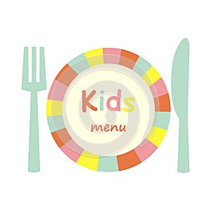 Kids menu, striped plate with cutlery, eps.