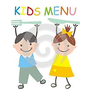 Kids menu, text, two children with cutlery, eps.