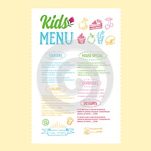 Kids menu. Vector template.
