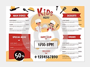 Kids menu. Young chefs and kitchenware, boys and girls cook food, design for cafe or restaurant flyer, menus cover