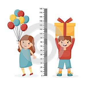 Kids meter wall with a cute cartoon boy, girl and measuring ruler. Vector illustration of an boy and girl isolated.