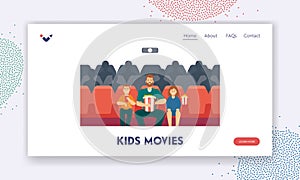 Kids Movies Landing Page Template. Dad with Children in Movie Theater. Father, Daughter and Son Enjoying Film in Cinema