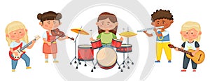 Kids music band, cartoon children playing musical instruments together. Child musicians playing on violin, guitar, drums