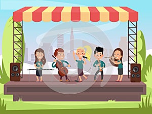 Kids music band playing on stage at outdoor festival vector illustration
