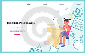 Kids music class website banner, flat vector illustration. Web banner interface.