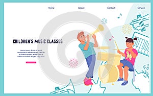 Kids music classes and education website banner template with kids vector.