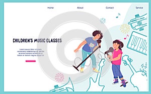 Kids music education, playing musical instruments and vocal classes banner.