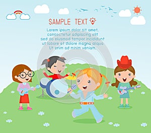 Kids and music, vector illustration of four girl in a music band, Children playing Musical Instruments