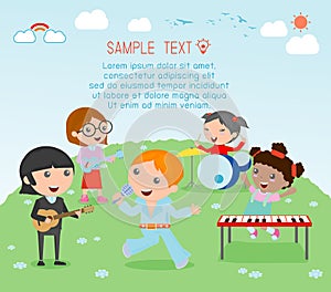 Kids and music, vector illustration of four girl in a music band, Children playing Musical Instruments,illustration of Kids