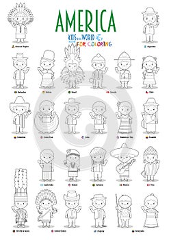 Kids and nationalities of the world vector: America. Set of 25 characters for coloring dressed in different national costumes