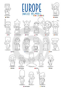 Kids and nationalities of the world vector: Europe Set 2 of 2. Set of 22 characters for coloring dressed in national costumes