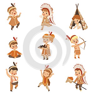 Kids in native Indian costumes and headdresses having fun set, children playing in American Indians vector Illustrations