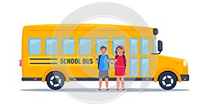 Kids near yellow classic school bus. Back to school concept. Vector illustration