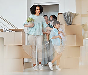 Kids, new home or parents moving boxes in real estate property investment or rental apartment. Mother helping, proud