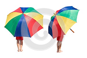 Kids not wear shoes are holding an umbrella isolate on white background