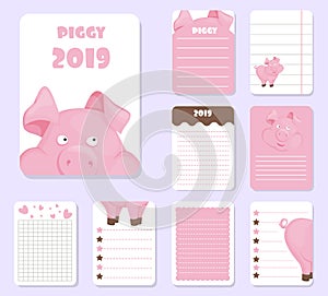 Kids notebook page pig template vector cards piggy, notes, stickers, labels, pink tags paper sheet illustration.