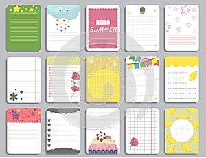 Kids notebook page template vector cards, notes, stickers, labels, tags paper sheet illustration.