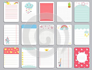 Kids notebook page template vector cards, notes, stickers, labels, tags paper sheet with unicorn illustrations.