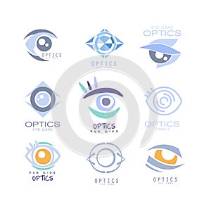 Kids Optics Clinic And Ophthalmology Cabinet Set Of Label Templates In Different Creative Styles And Light Blue Shades