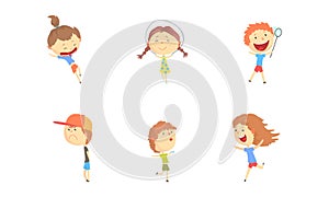 Kids Outdoor Activities Set, Cute Boys and Girls Jumping Rope, Catching Butterflies, Having Fun Cartoon Vector