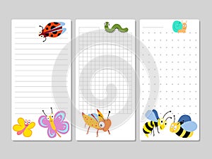Kids pages for notes and to do lists with cartoon insects