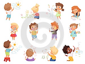 Kids painters. Paint splashes on kids clothes childrens with pallette and colored brushes hand holding vector characters