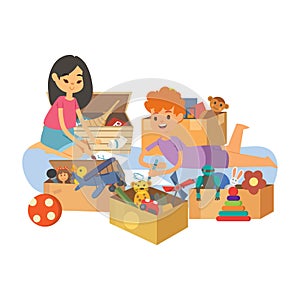 Kids painting and playing with toys together in kindergarten vector cartoon illustration.