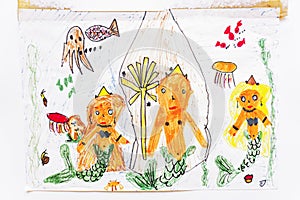 Kids paintings little mermaid and family living in the ocean
