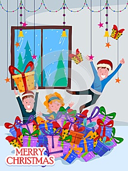 Kids palying with gift for Christmas celebration background