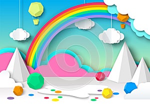 Kids paper cut background with cloud and rainbow