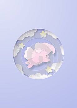 Kids paper cut background with a cute pink sleeping elephant with wings, flying at night in the sky surrounded stars and clouds