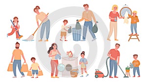 Kids and parents cleaning. Children helps adults with housework, sweeping, do laundry, throw out garbage. Cartoon family